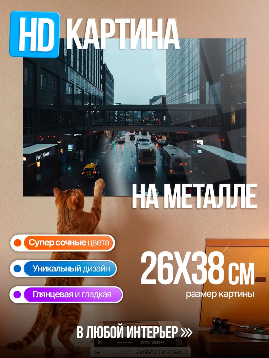 Картина на металле Городская улица в дождь