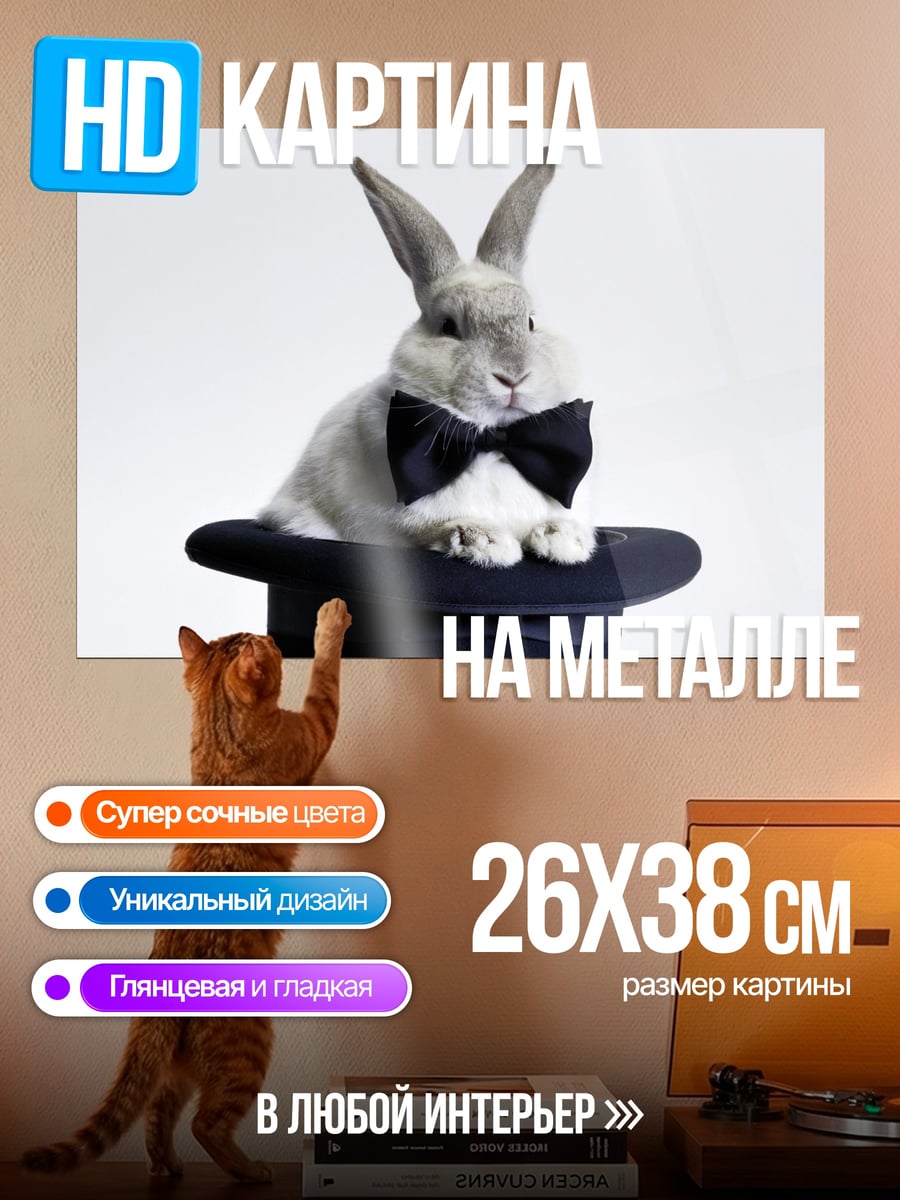 Картина на металле кролик в цилиндре