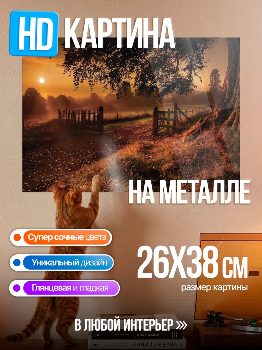Картина на металле Закат в деревне