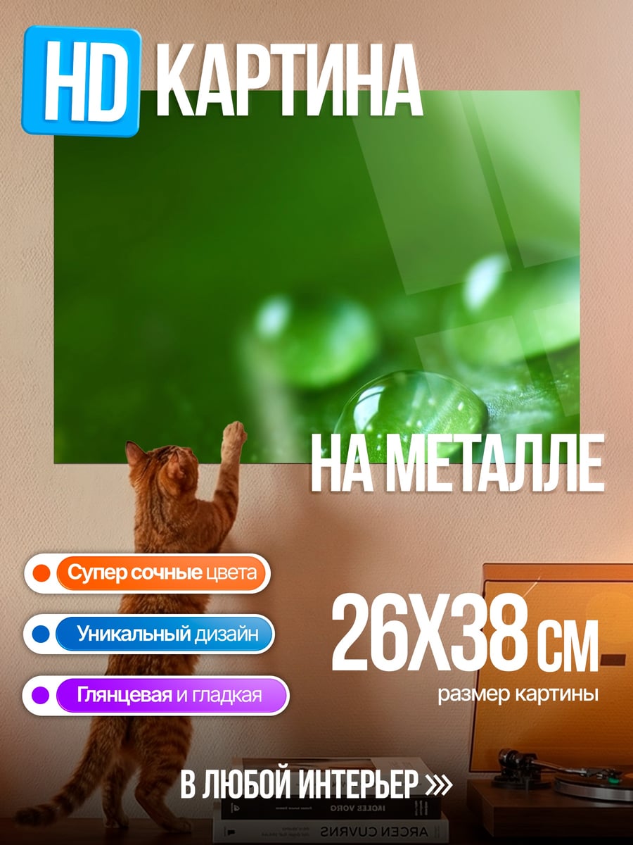 Картина на металле Капли росы на листе