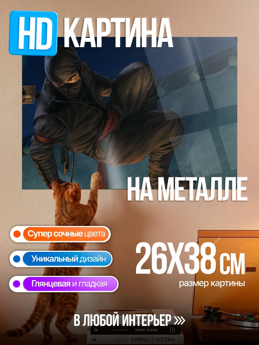 Картина на металле Ниндзя на крыше ночью