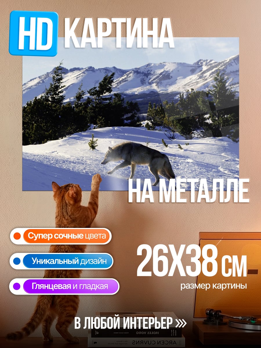 Картина на металле волк в зимних горах