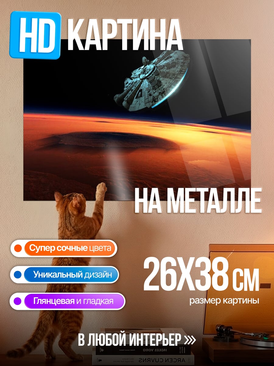 Картина на металле Космический корабль над планетой