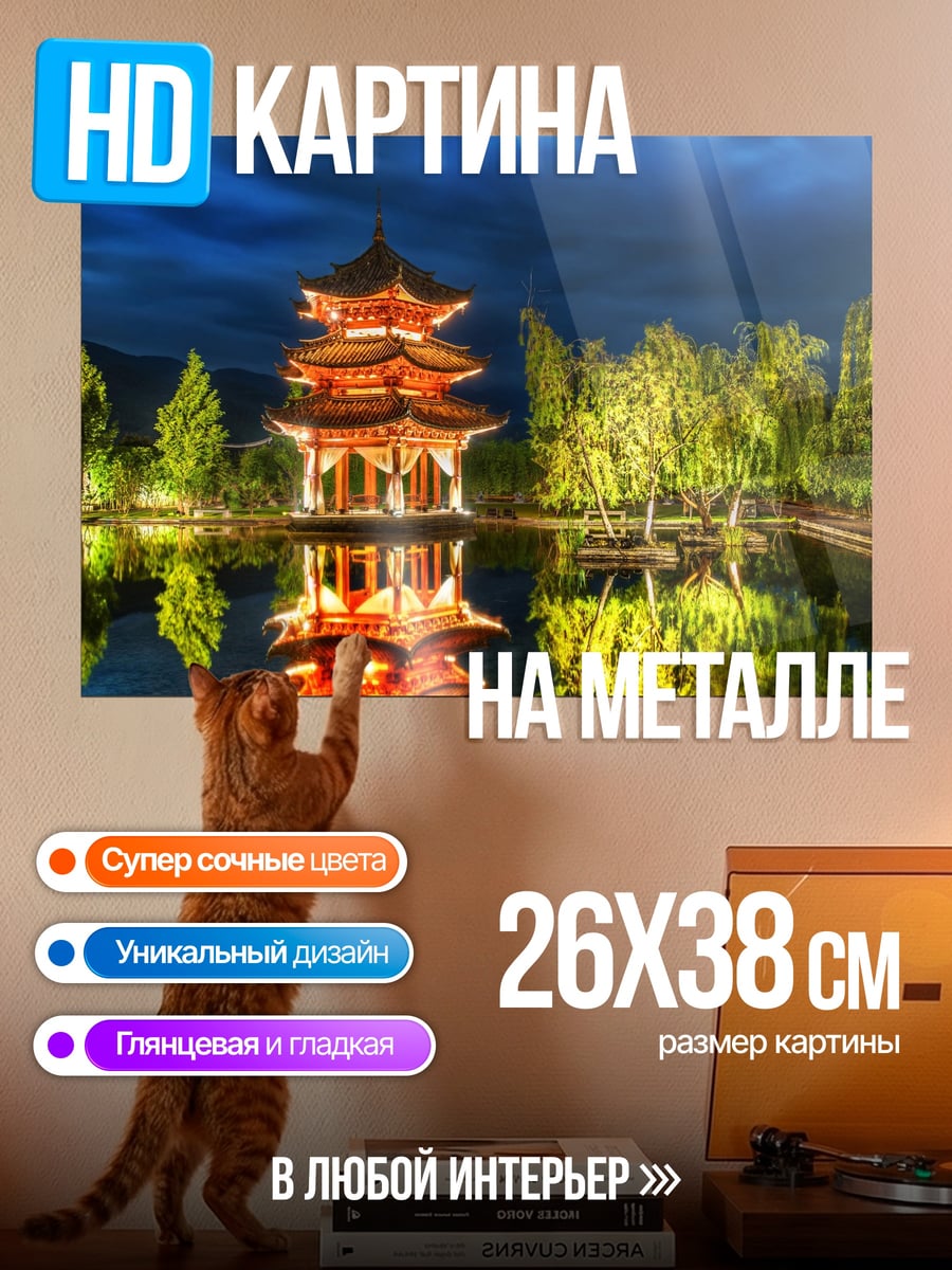 Картина на металле Китайская пагода ночь