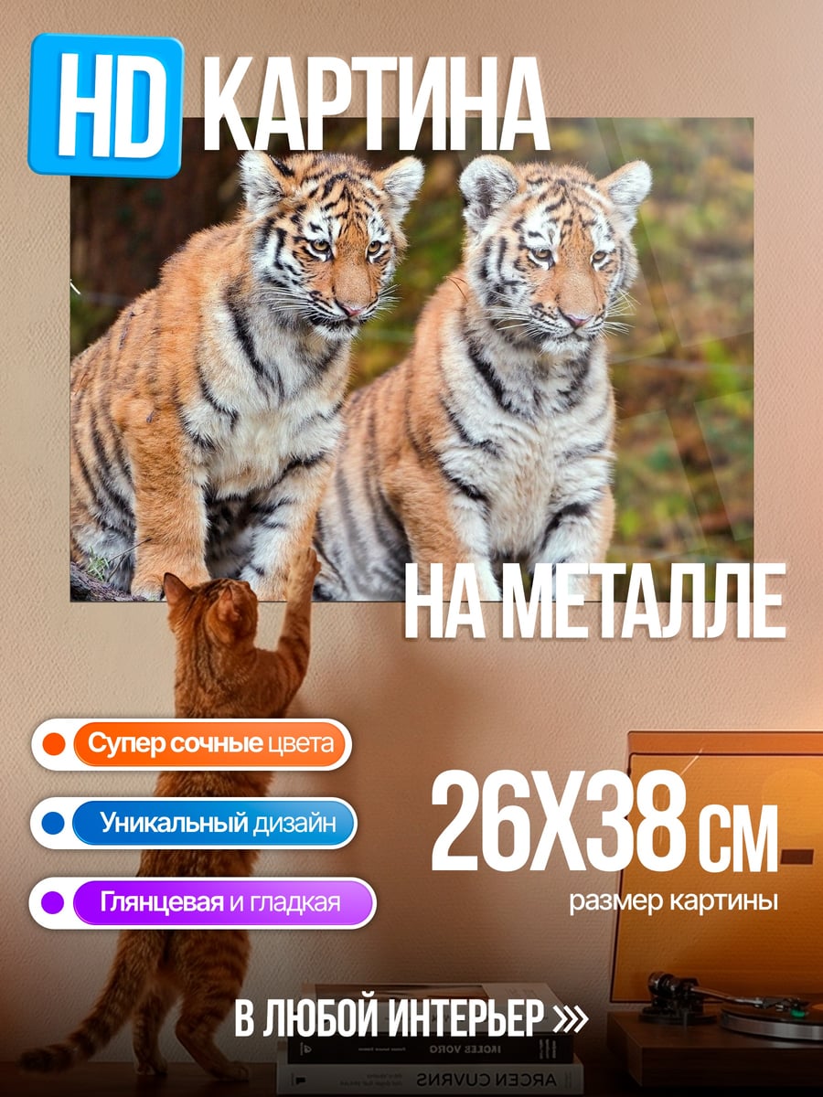 Картина на металле Два тигрёнка вместе