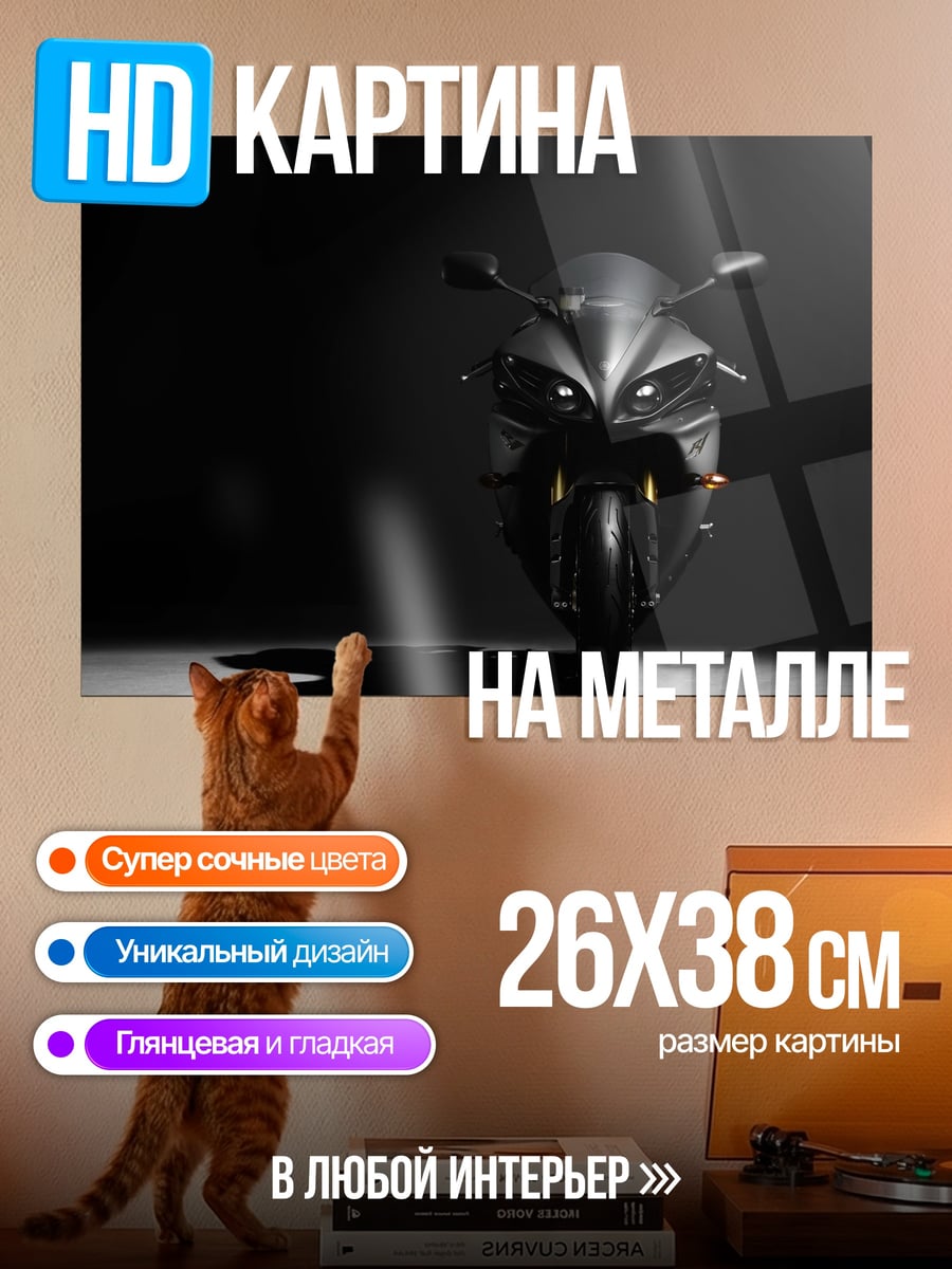 Картина на металле Черный мотоцикл тень