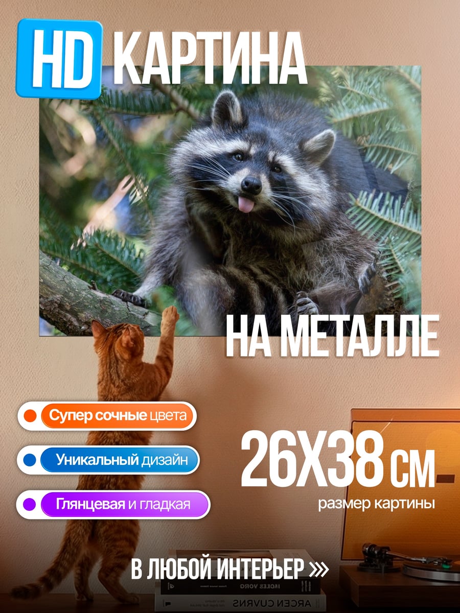 Картина на металле Енот в ветвях