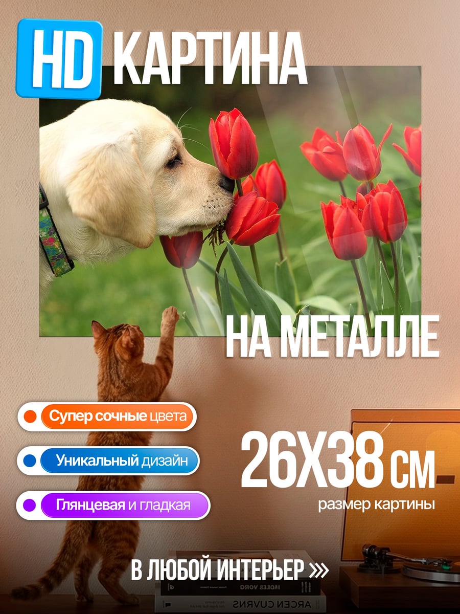 Картина на металле Щенячье нюханье тюльпанов