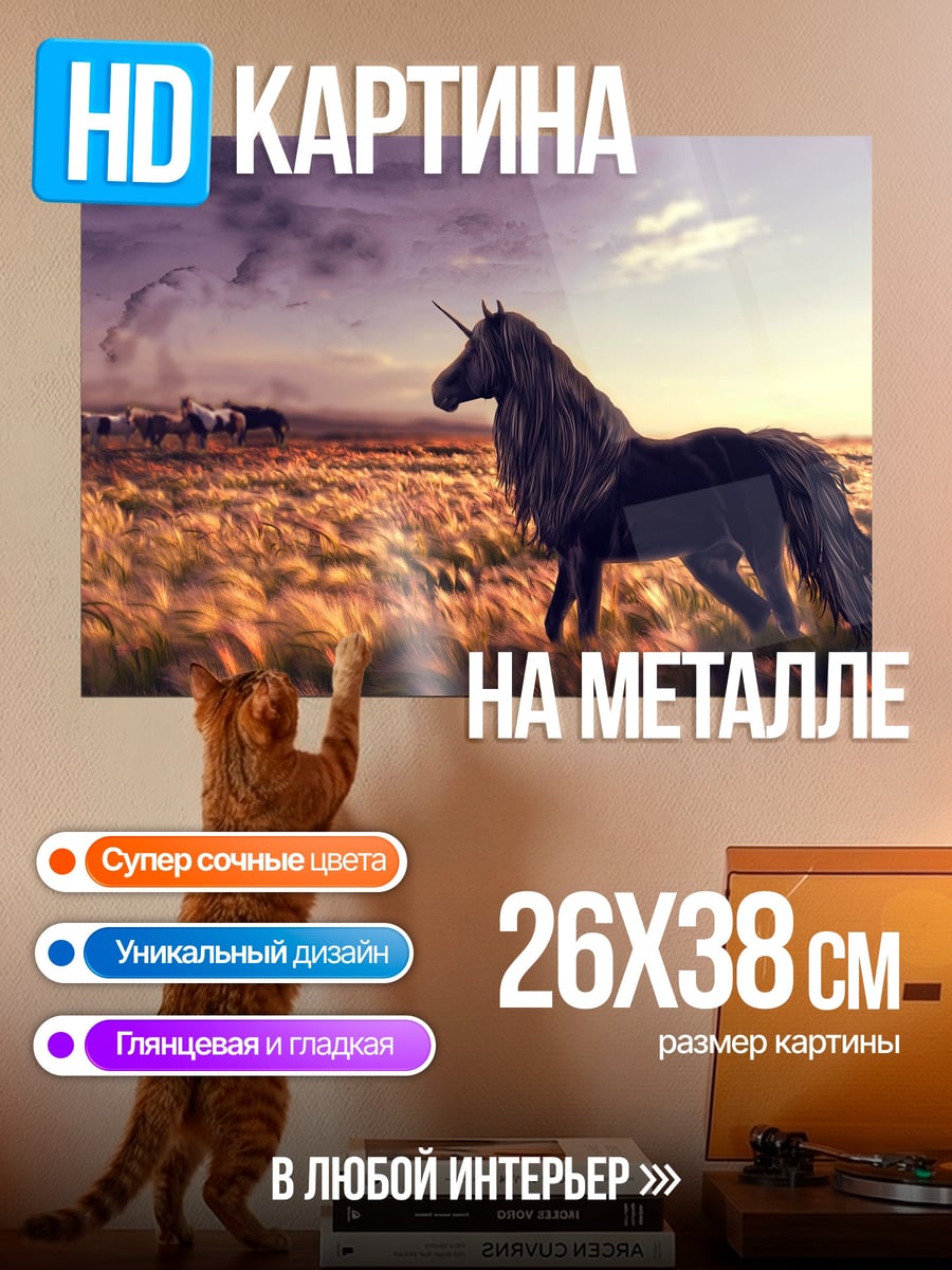 Картина на металле Черный единорог