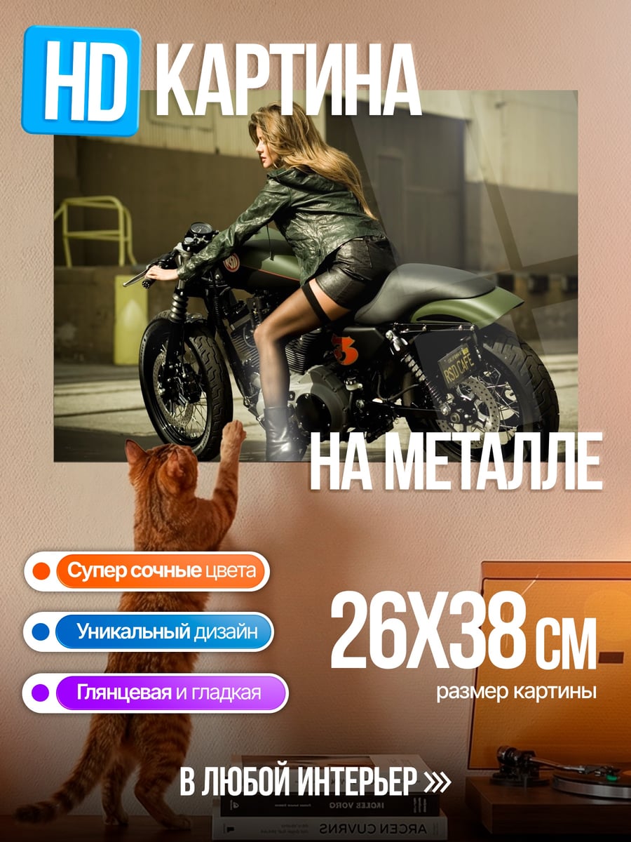 Картина на металле Девушка на мотоцикле
