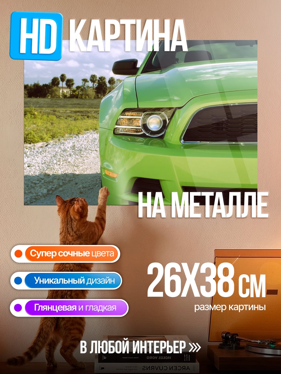 Картина на металле зеленый мустанг на дороге