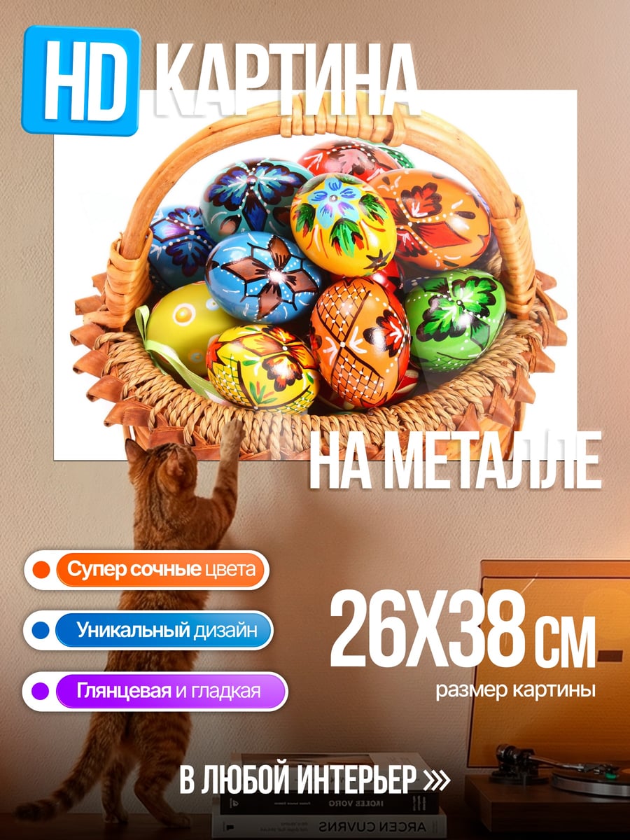 Картина на металле Пасхальные яйца корзина