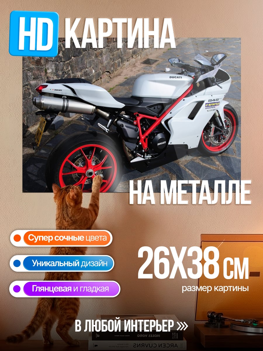 Картина на металле Белый мотоцикл Ducati
