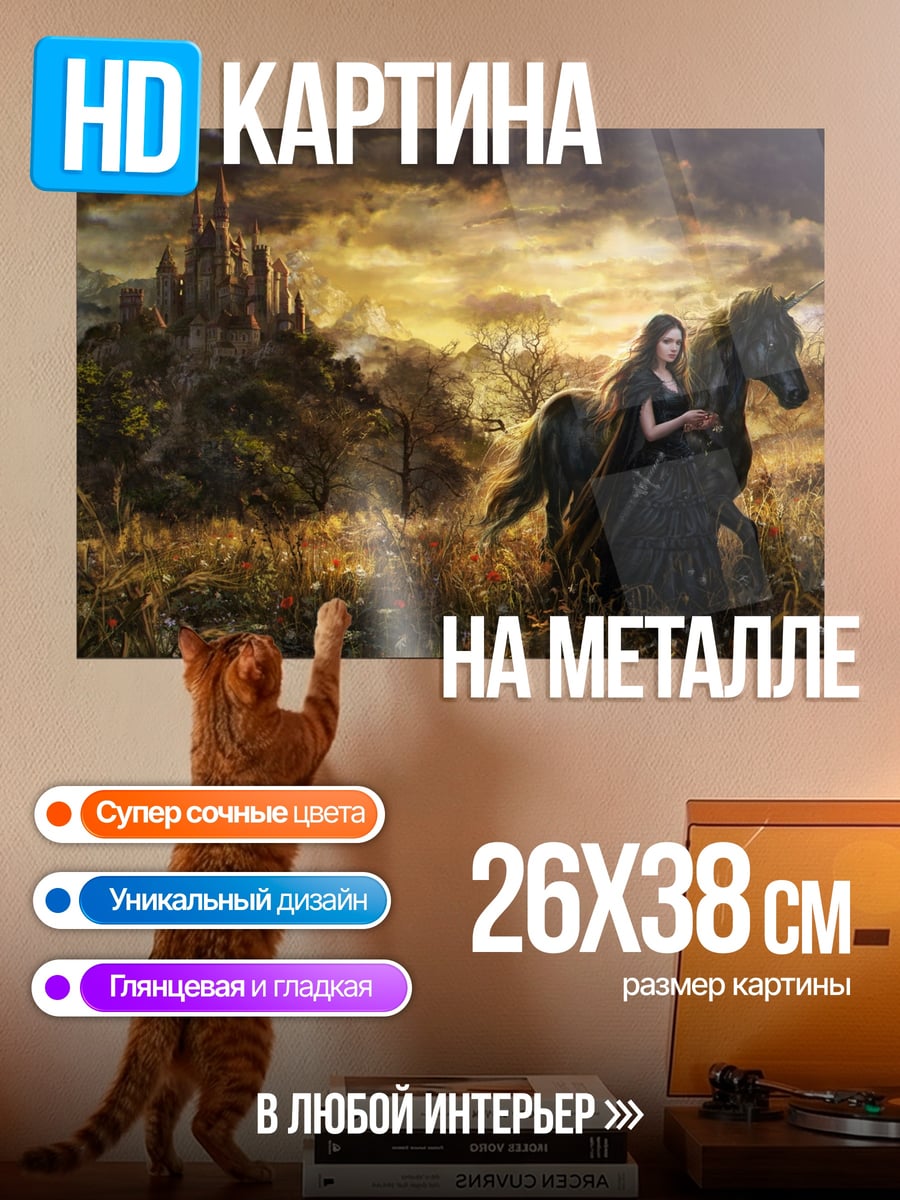 Картина на металле девушка на черном коне