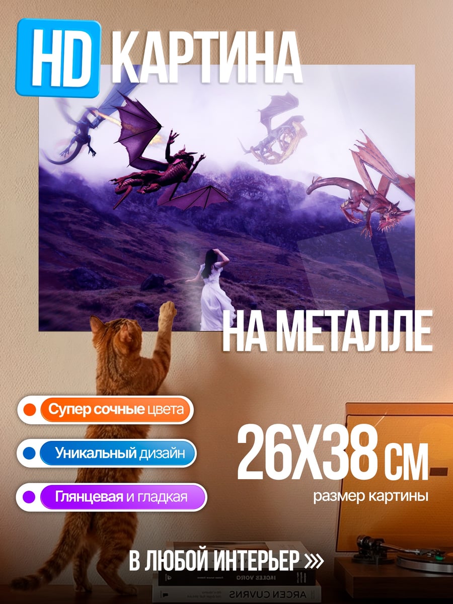 Картина на металле Девушка драконы