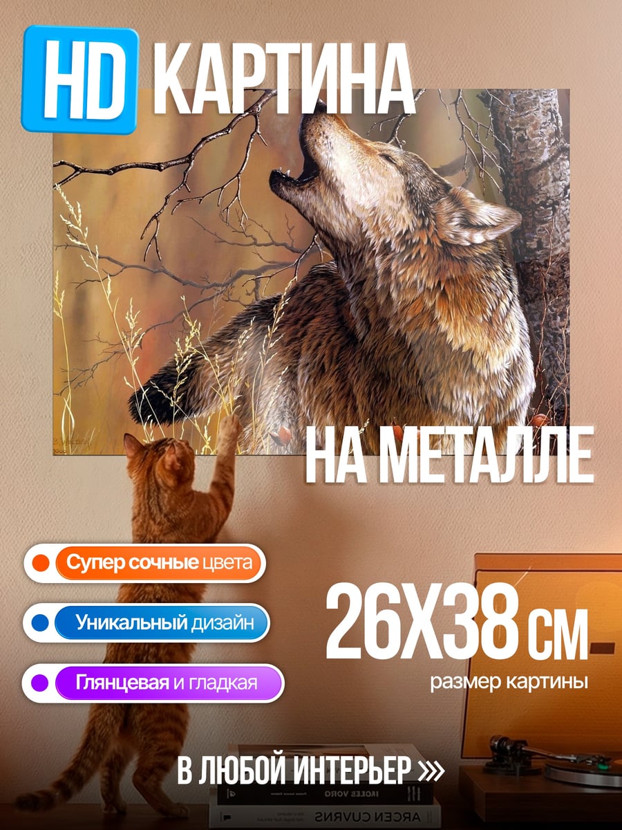 Картина на металле Воющий волк на закате
