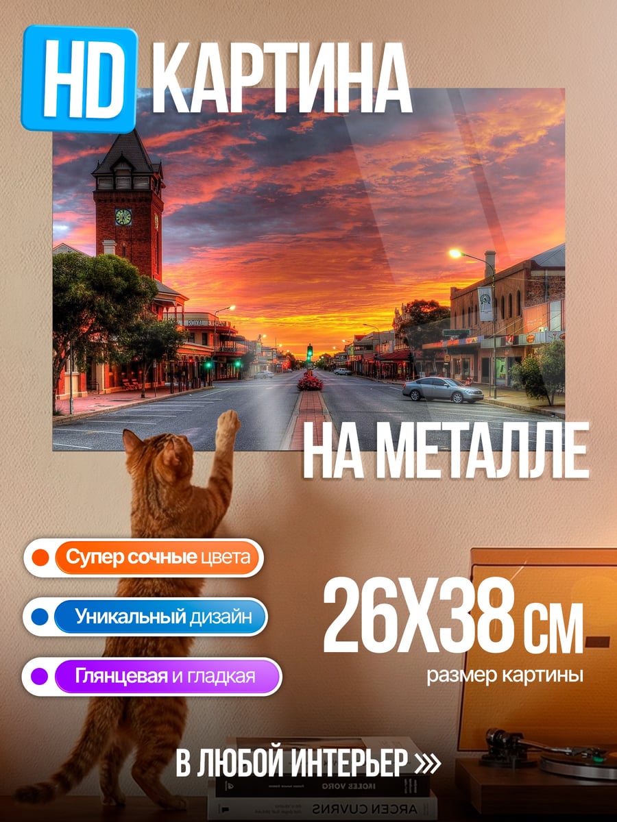 Картина на металле Закат над городом