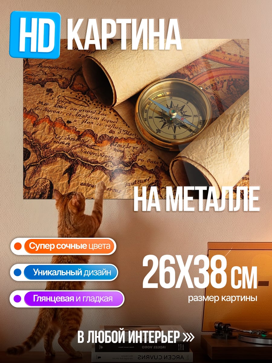 Картина на металле Старинная карта и компас