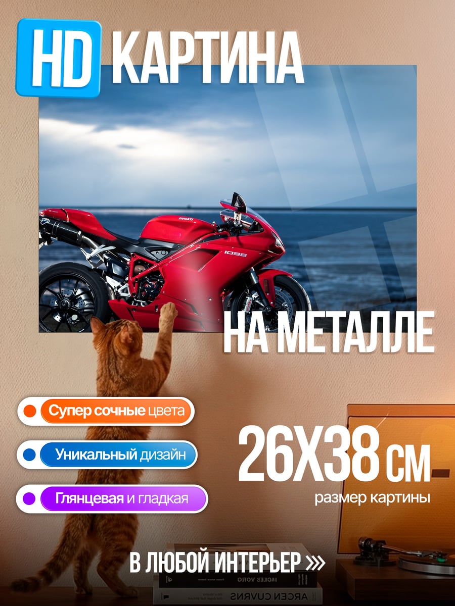 Картина на металле Красный мотоцикл у моря