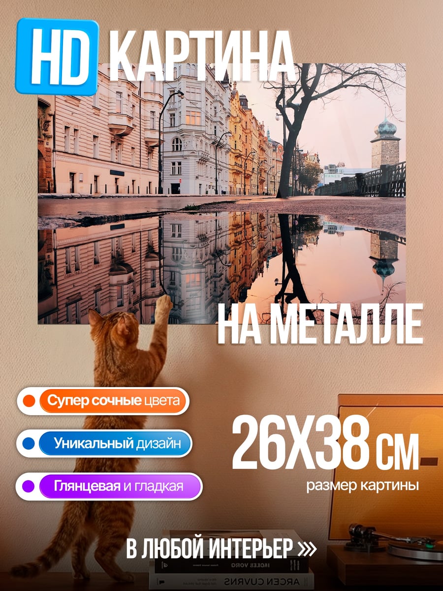 Картина на металле Отражение города в луже