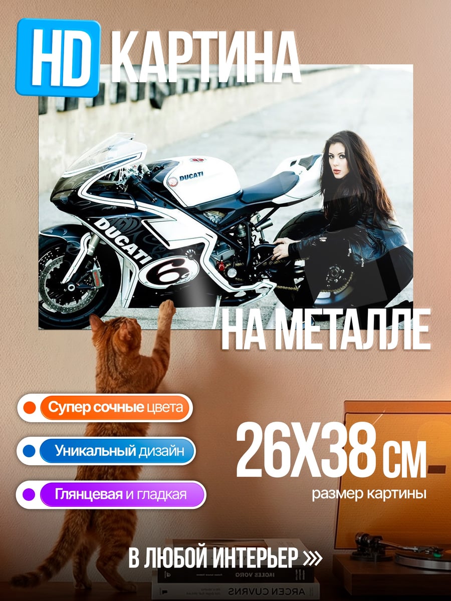 Картина на металле Девушка и мотоцикл