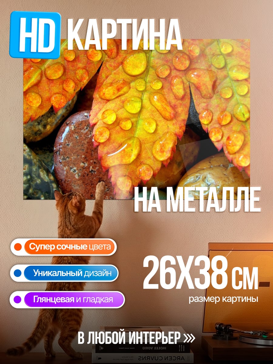 Картина на металле Осенний лист с каплями