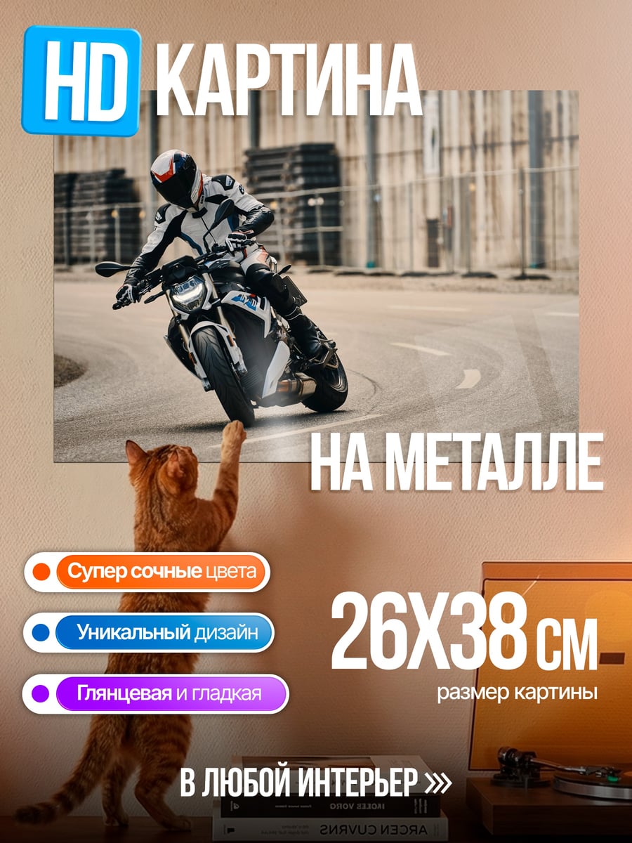 Картина на металле Мотоциклист на повороте