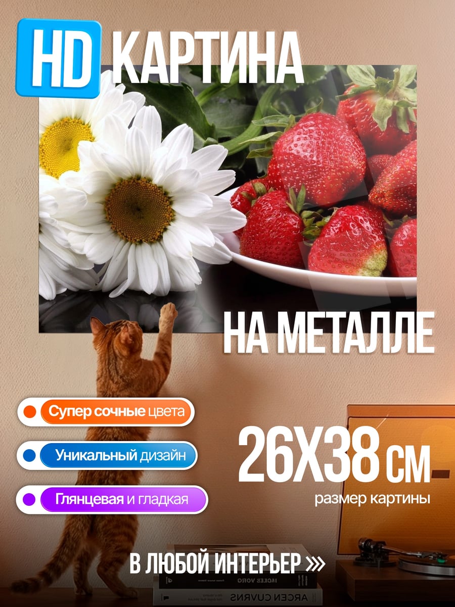 Картина на металле Клубника и ромашки