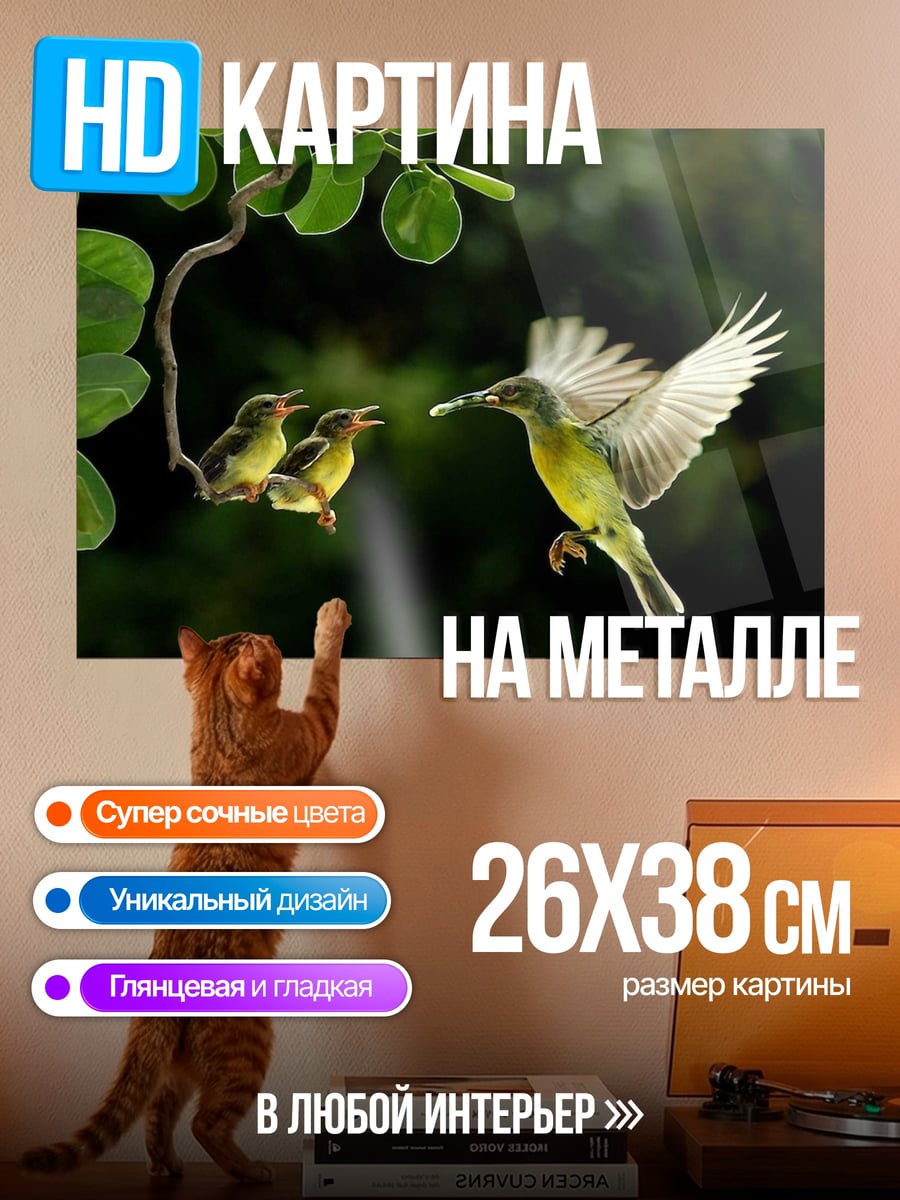 Картина на металле Птица кормит птенцов