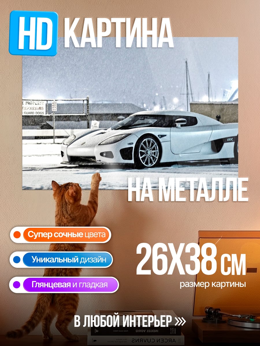 Картина на металле Белый спорткар зима