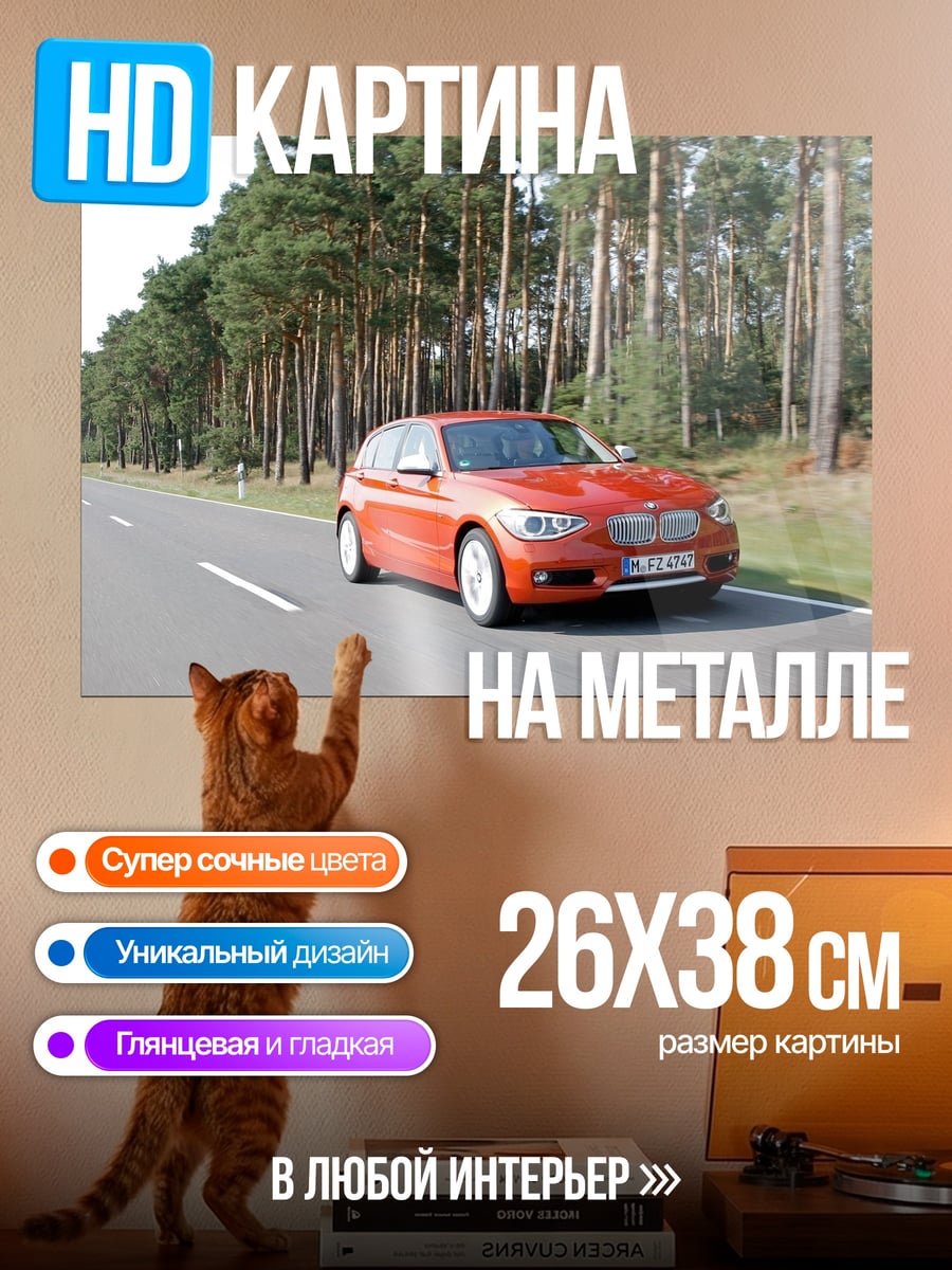 Картина на металле Красный хэтчбек на дороге
