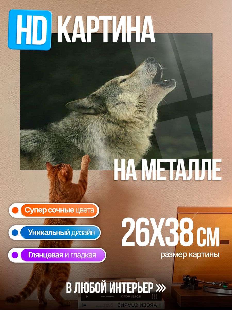 Картина на металле Воющий волк ночью