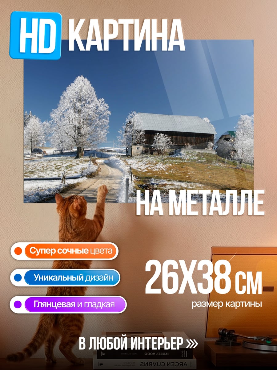 Картина на металле Зимняя деревня