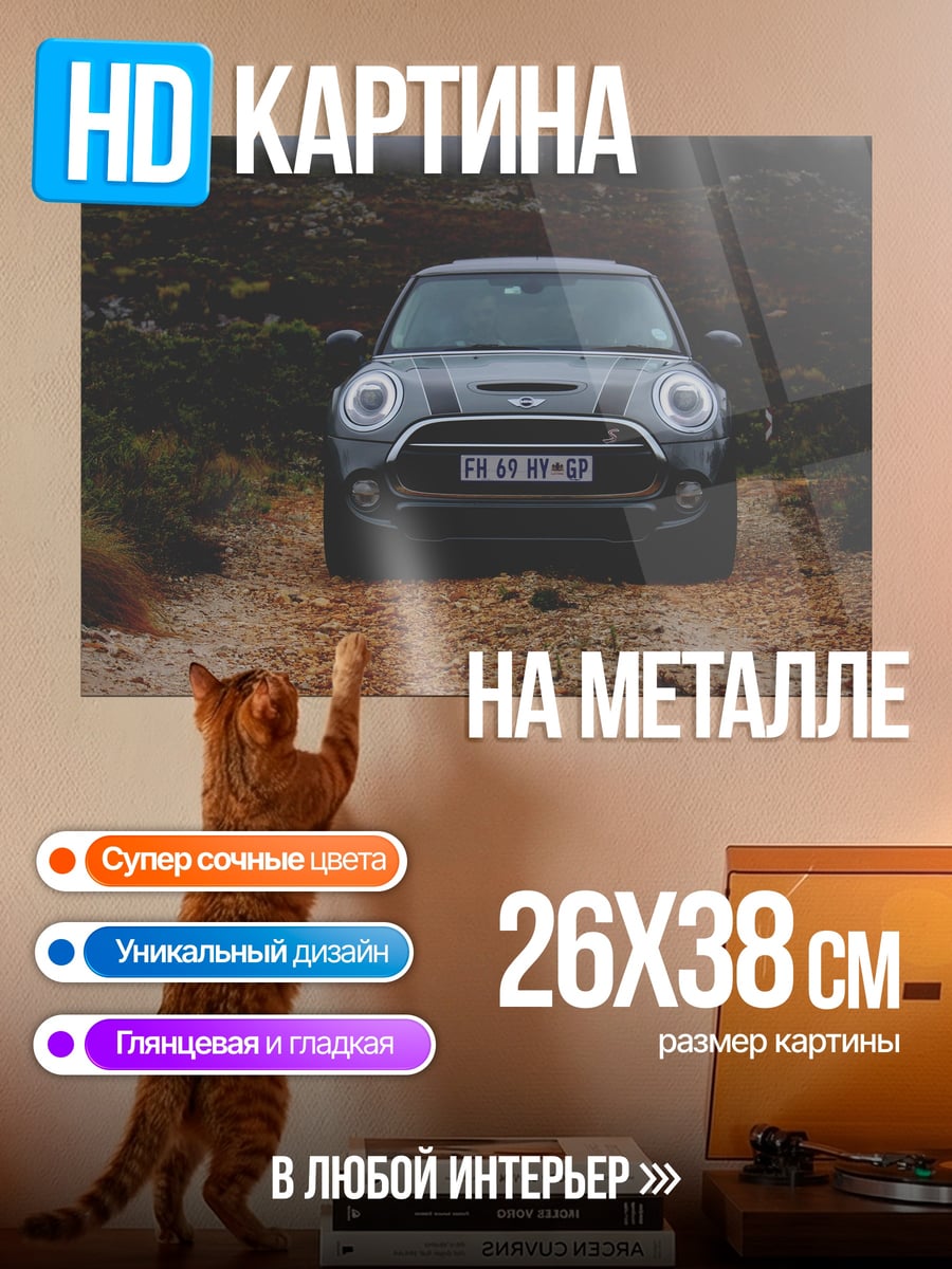 Картина на металле серый мини купер