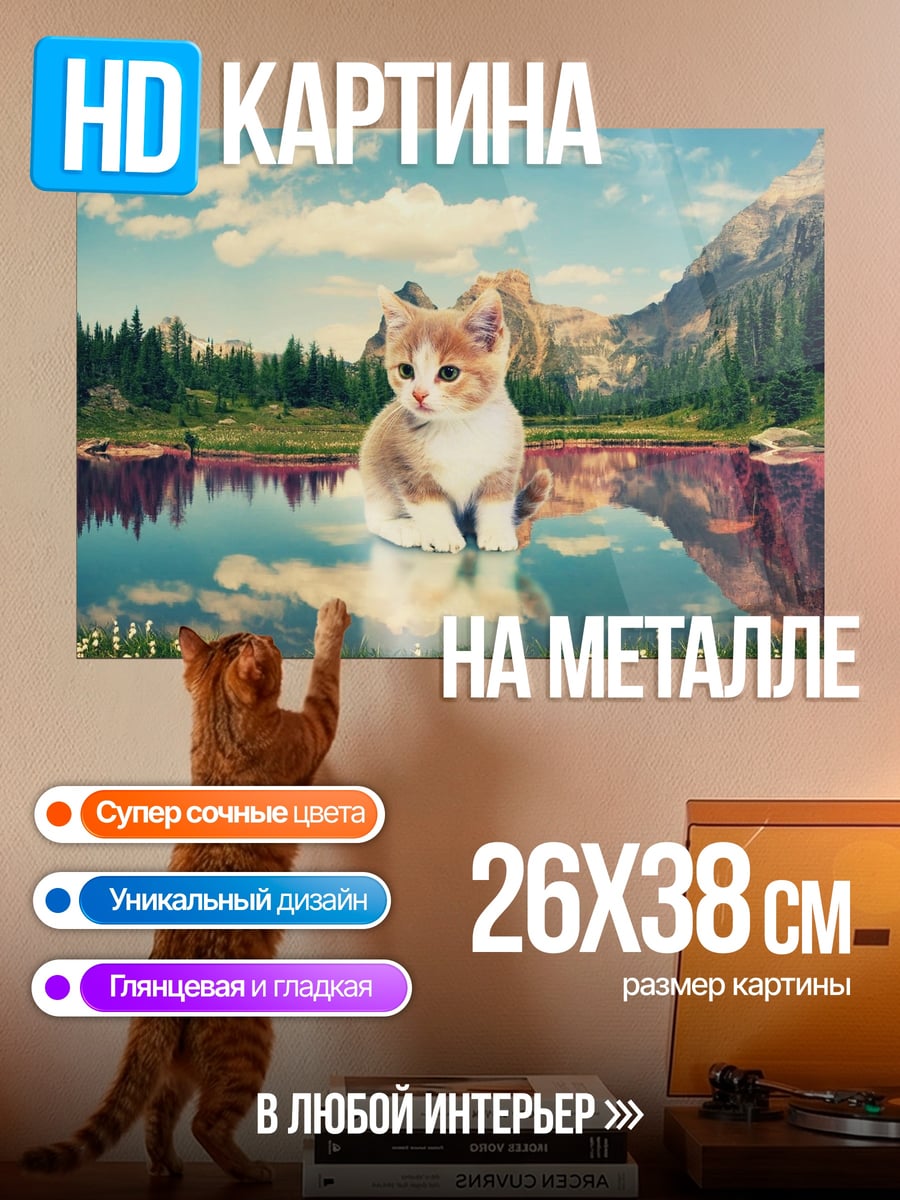 Картина на металле Котёнок у озера