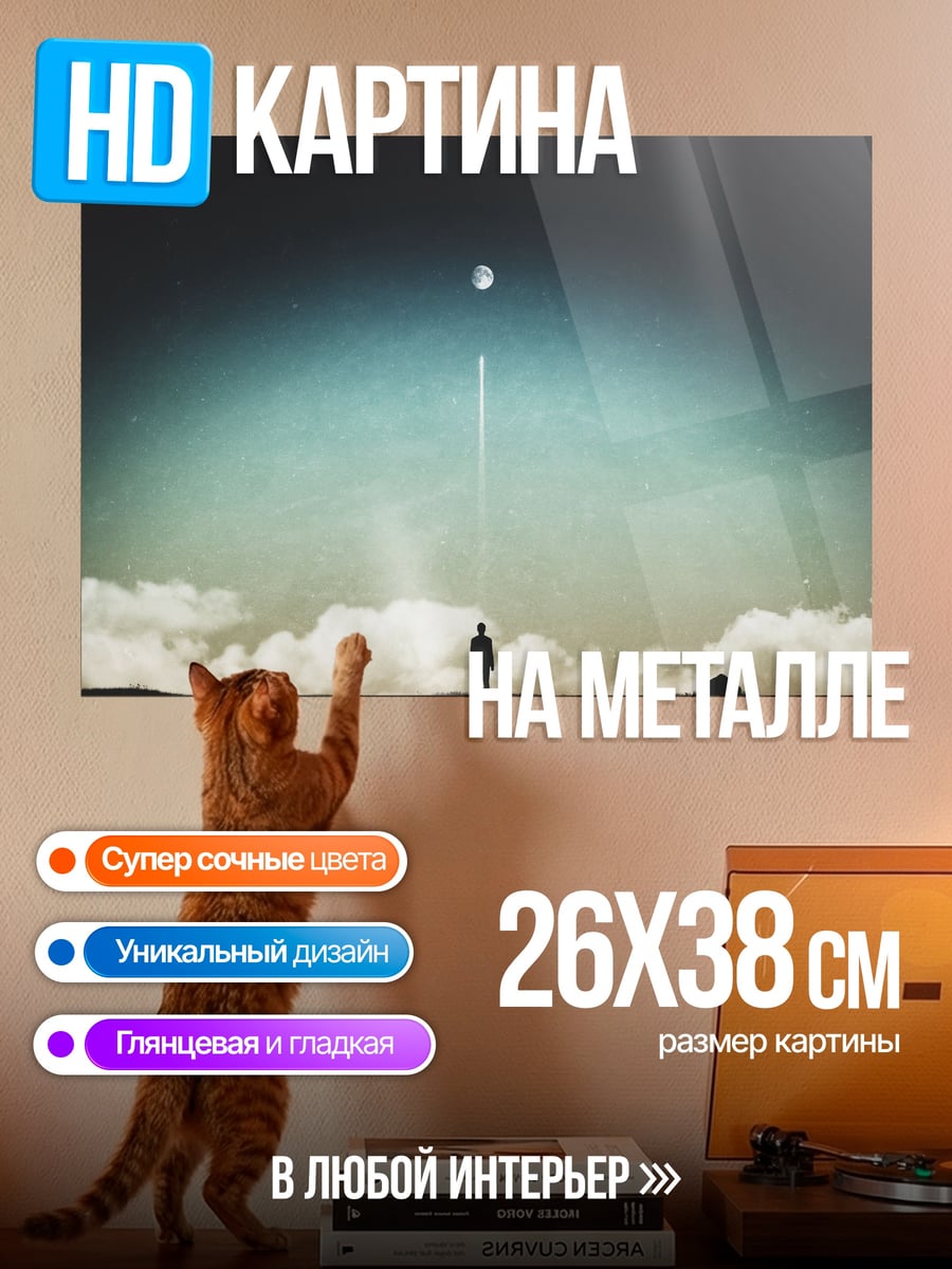 Картина на металле Одинокий человек и луна