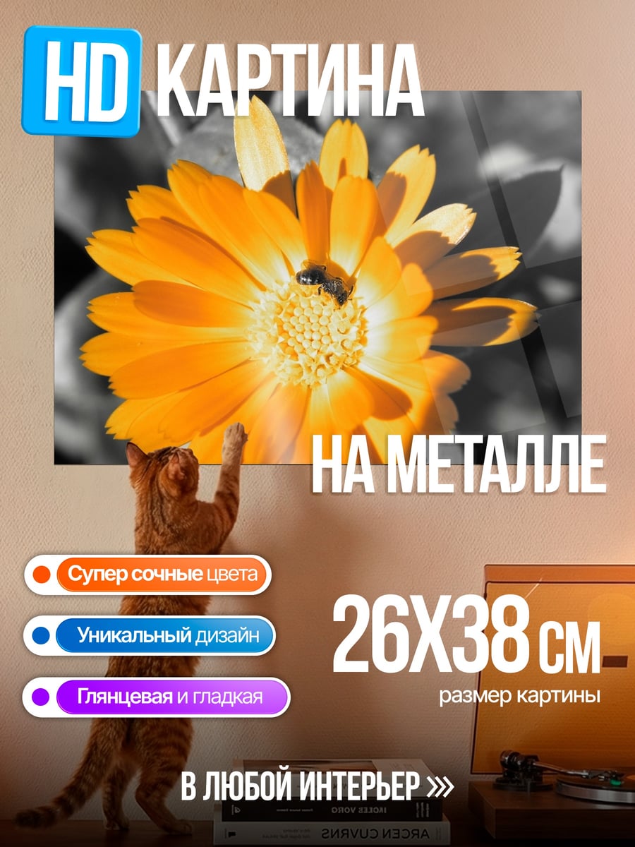 Картина на металле Оранжевый цветок с пчелой