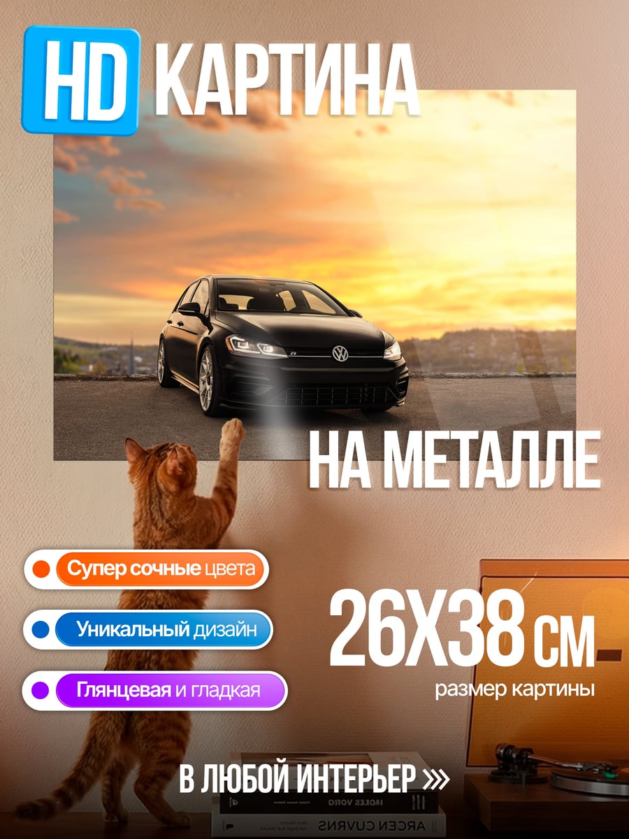 Картина на металле Черный спорткар на закате