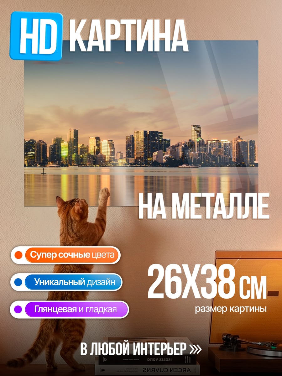 Картина на металле Городской пейзаж на закате