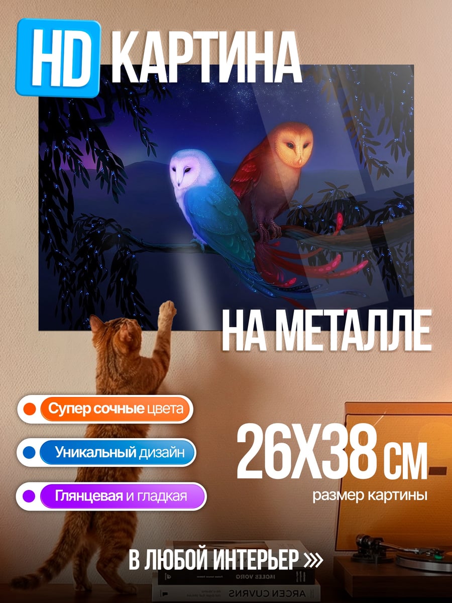 Картина на металле Две светящиеся совы