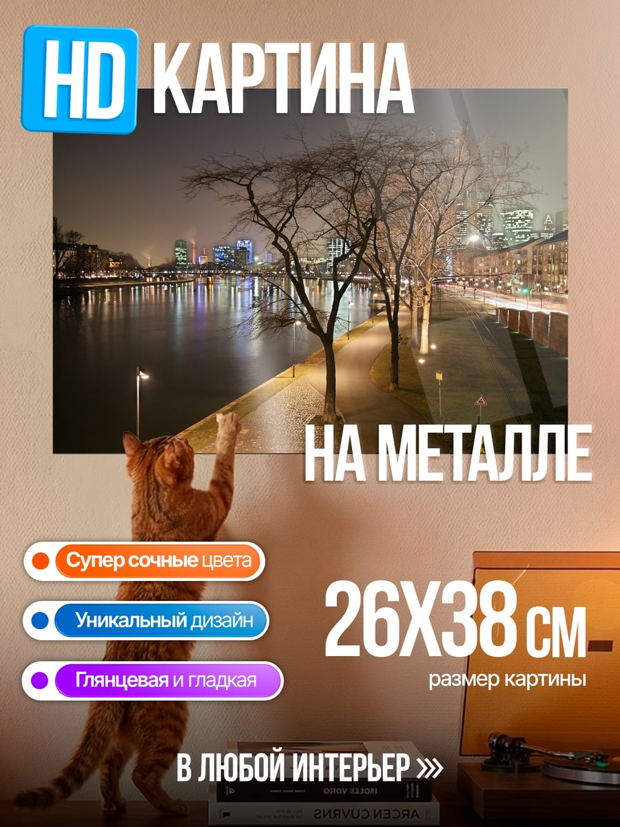 Картина на металле Ночной город у реки