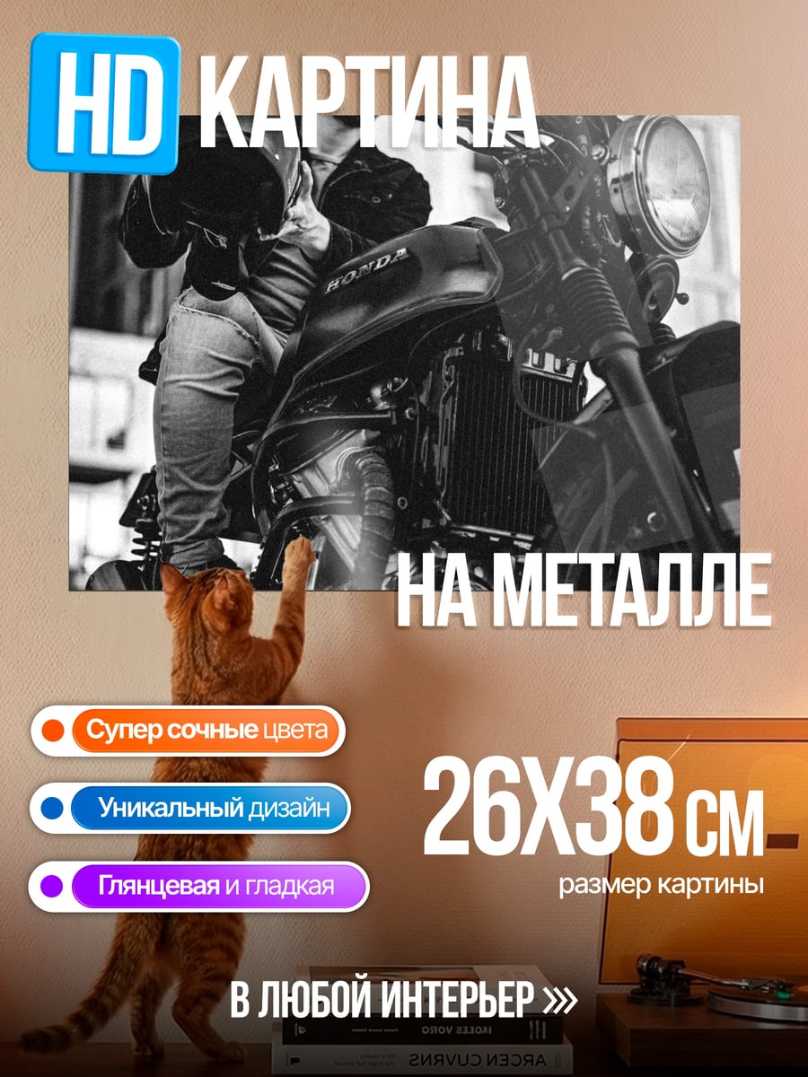Картина на металле Байкер с мотоциклом