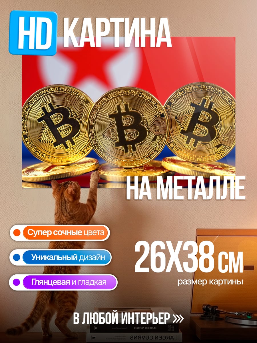 Картина на металле биткоин на фоне флага