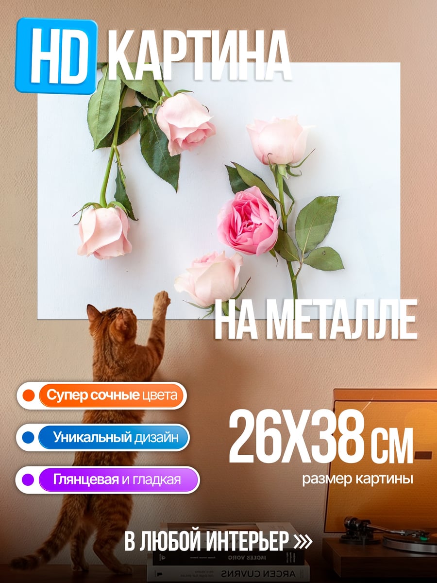 Картина на металле розовые розы на белом