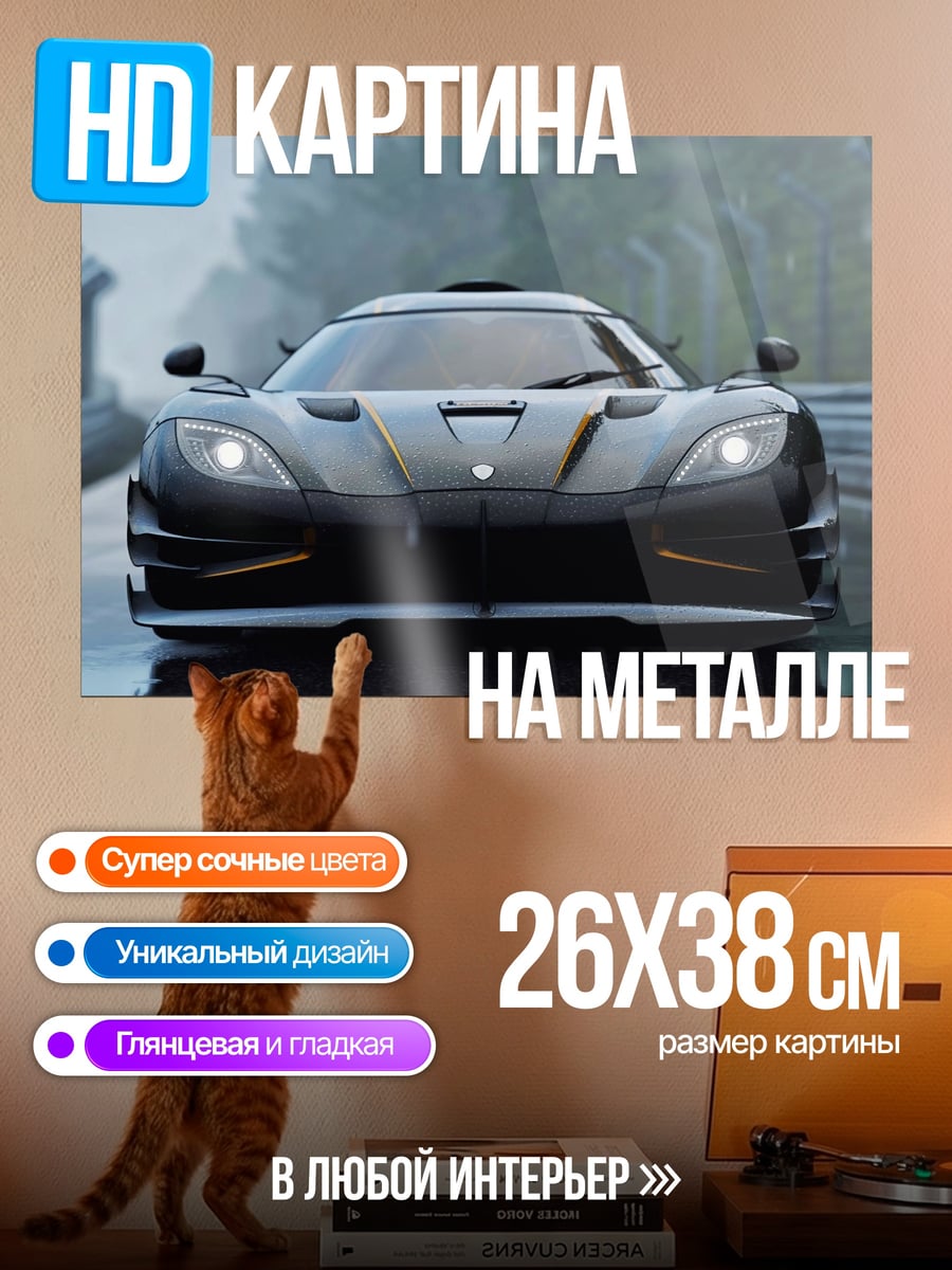 Картина на металле черный спорткар на мокрой дороге