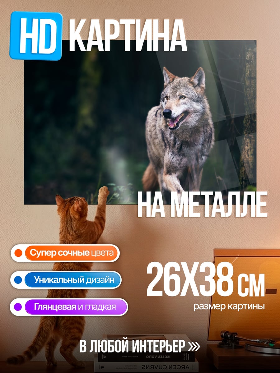 Картина на металле Волк на камне