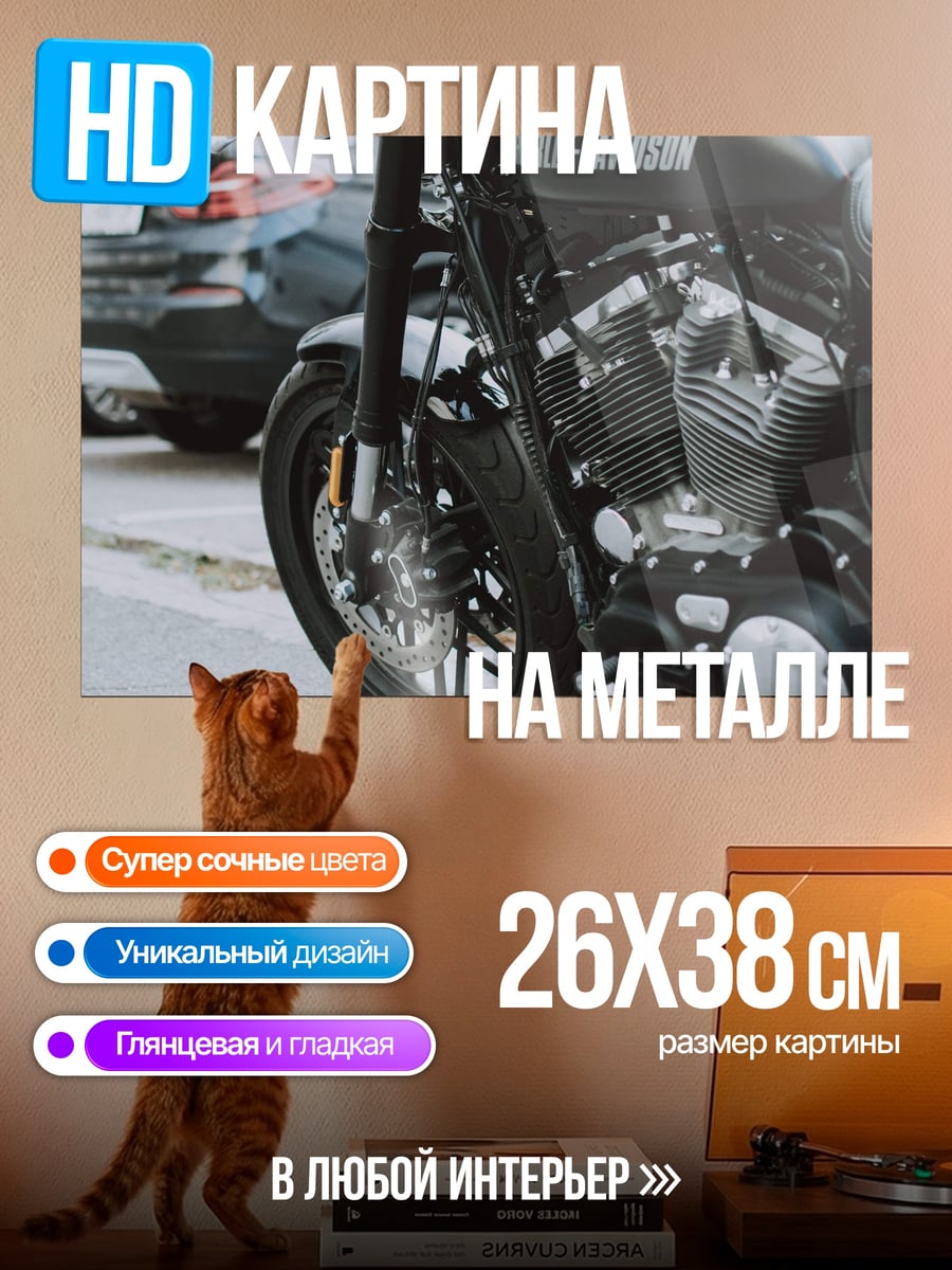 Картина на металле Чёрный мотоцикл Harley