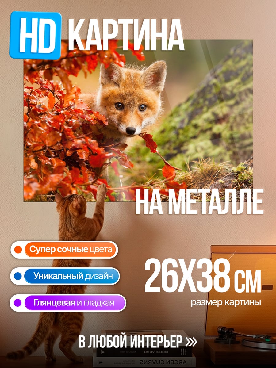 Картина на металле Рыжий лис осенью