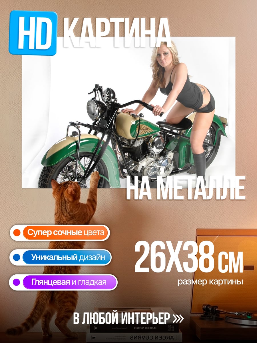 Картина на металле Девушка на мотоцикле