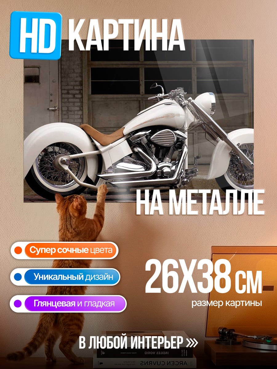 Картина на металле Белый кастомный байк